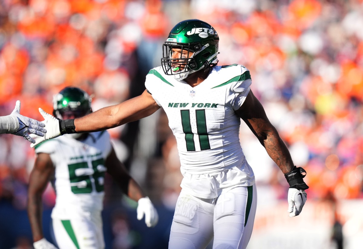 Jets defensive end Jermaine Johnson celebrates his sack against the Broncos in Week 5.