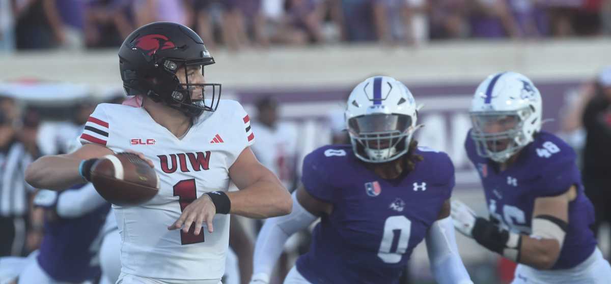 Incarnate Word quarterback Zach Calzada (1) looks to throw against the ACU defense. The Cardinals beat ACU 27-20 in the non-conference game Saturday, Sept. 16, 2023, at Wildcat Stadium in Abilene.  