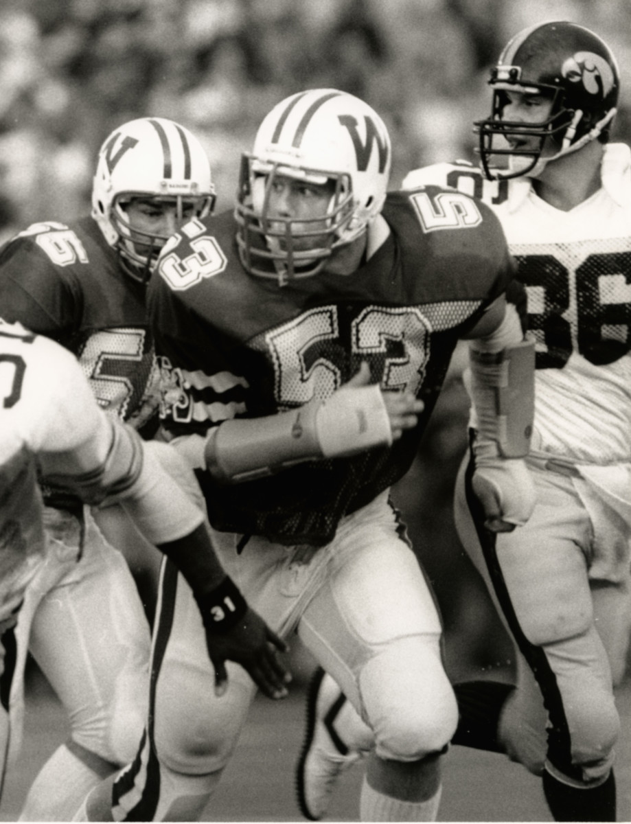 Oct, 12 1985; Madison, WI, USA; FILE PHOTO; Wisconsin Badgers linebacker Craig Raddatz (53) in action against the Iowa Hawkeyes during the 1985 season. Iowa beat Wisconsin 23-13. Mandatory Credit: Malcolm Emmons-USA TODAY Sports