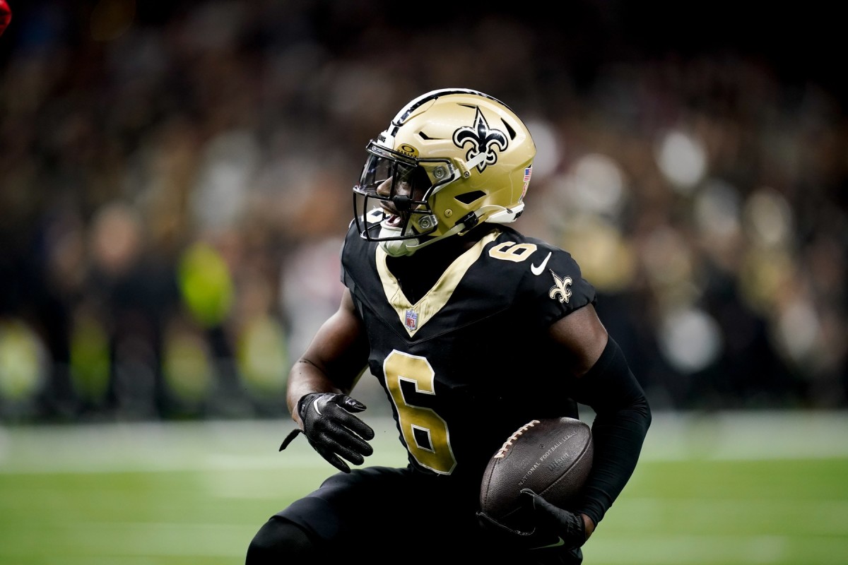 Sep 10, 2023; New Orleans Saints safety Marcus Maye (6) after intercepting a Tennessee Titans pass. Mandatory Credit: Andrew Nelles-USA TODAY Sports