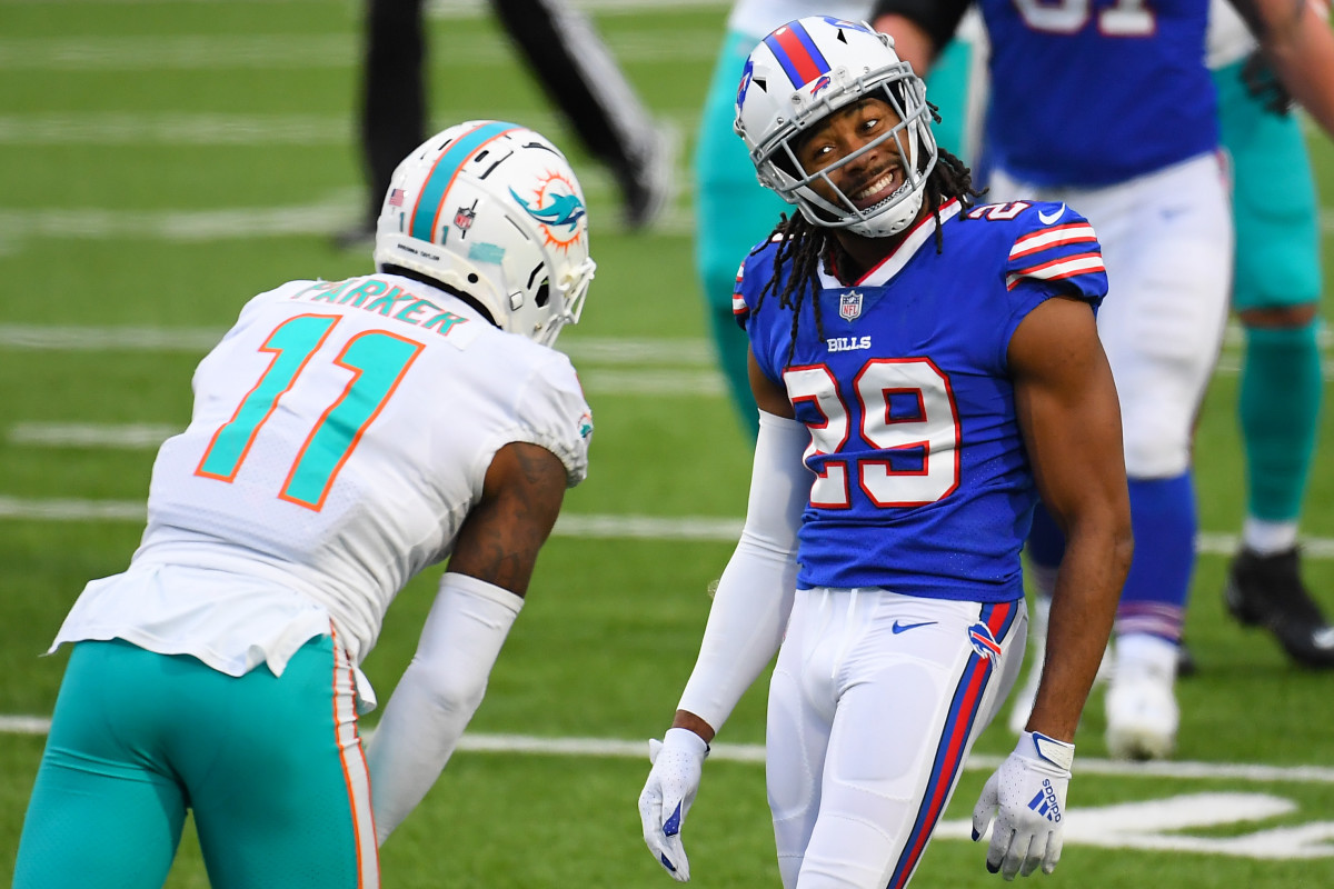 Buffalo Bills cornerback Josh Norman (29) reacts in the direction of Miami Dolphins wide receiver DeVante Parker (11) following a defensive play during the third quarter at Bills Stadium.