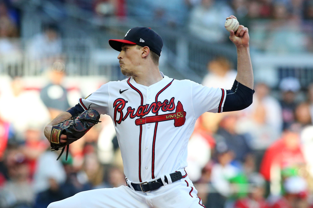 Oct 9, 2023; Cumberland, Georgia, USA; Atlanta Braves starting pitcher Max Fried (54) pitches during the first inning against the Philadelphia Phillies in game two of the NLDS for the 2023 MLB playoffs at Truist Park.