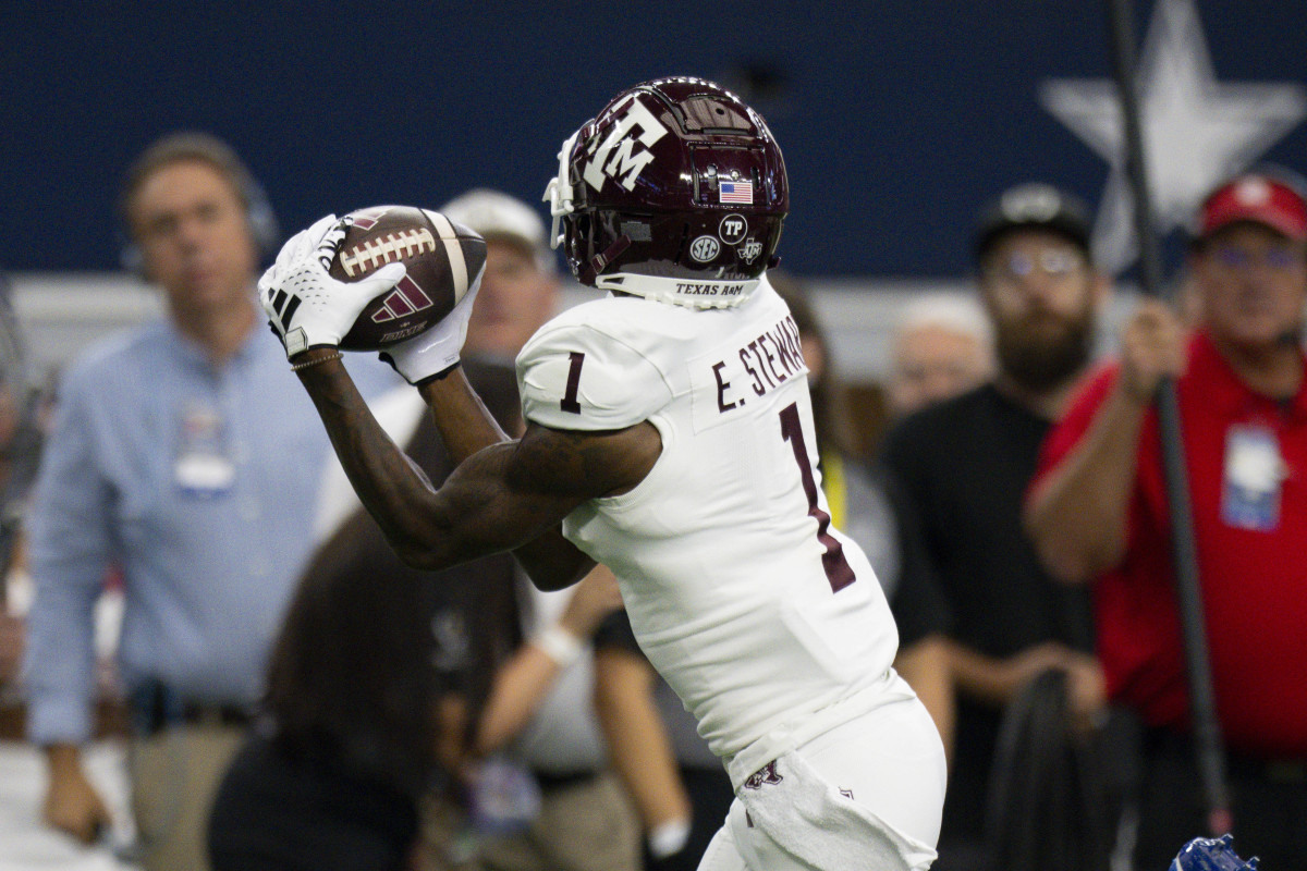 Texas A&M Aggies WR Evan Stewart scoring a touchdown against Arkansas. (Photo by Jerome Miron of USA Today Sports)