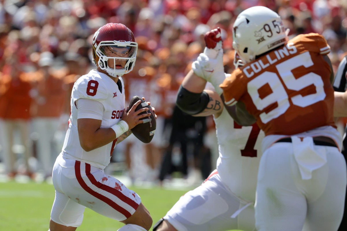 Oklahoma Sooners quarterback Dillon Gabriel (8) drops back to pass during the Red River Rivalry college football game between the University of Oklahoma Sooners (OU) and the University of Texas (UT) Longhorns at the Cotton Bowl in Dallas, Saturday, Oct. 7, 2023. Oklahoma won 34-30.