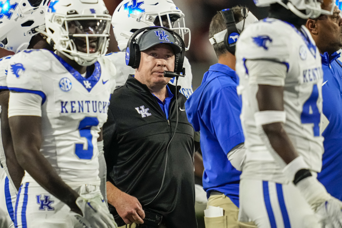 Oct 7, 2023; Athens, Georgia, USA; Kentucky Wildcats head coach Mark Stoops on the field against the Georgia Bulldogs at Sanford Stadium. Mandatory Credit: Dale Zanine-USA TODAY Sports