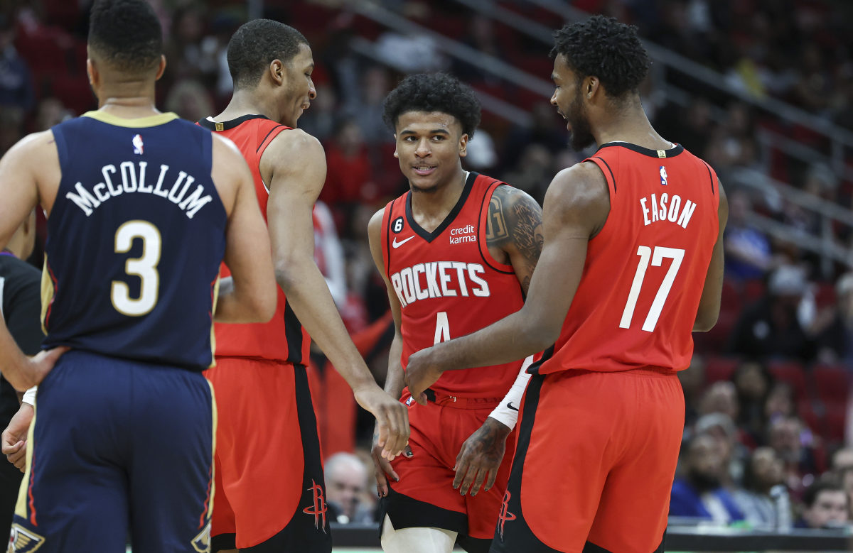 Rockets guard Jalen Green (4) reacts after scoring a basket during the fourth quarter against the New Orleans Pelicans at Toyota Center.
