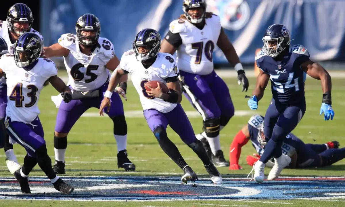 Lamar Jackson running upfield against the Tennessee Titans.