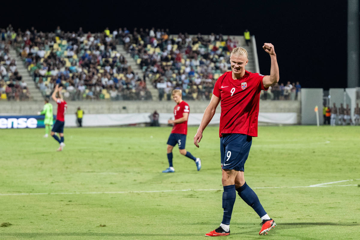 Erling Haaland pictured celebrating after scoring a goal for Norway in a 4-0 win over Cyprus in October 2023