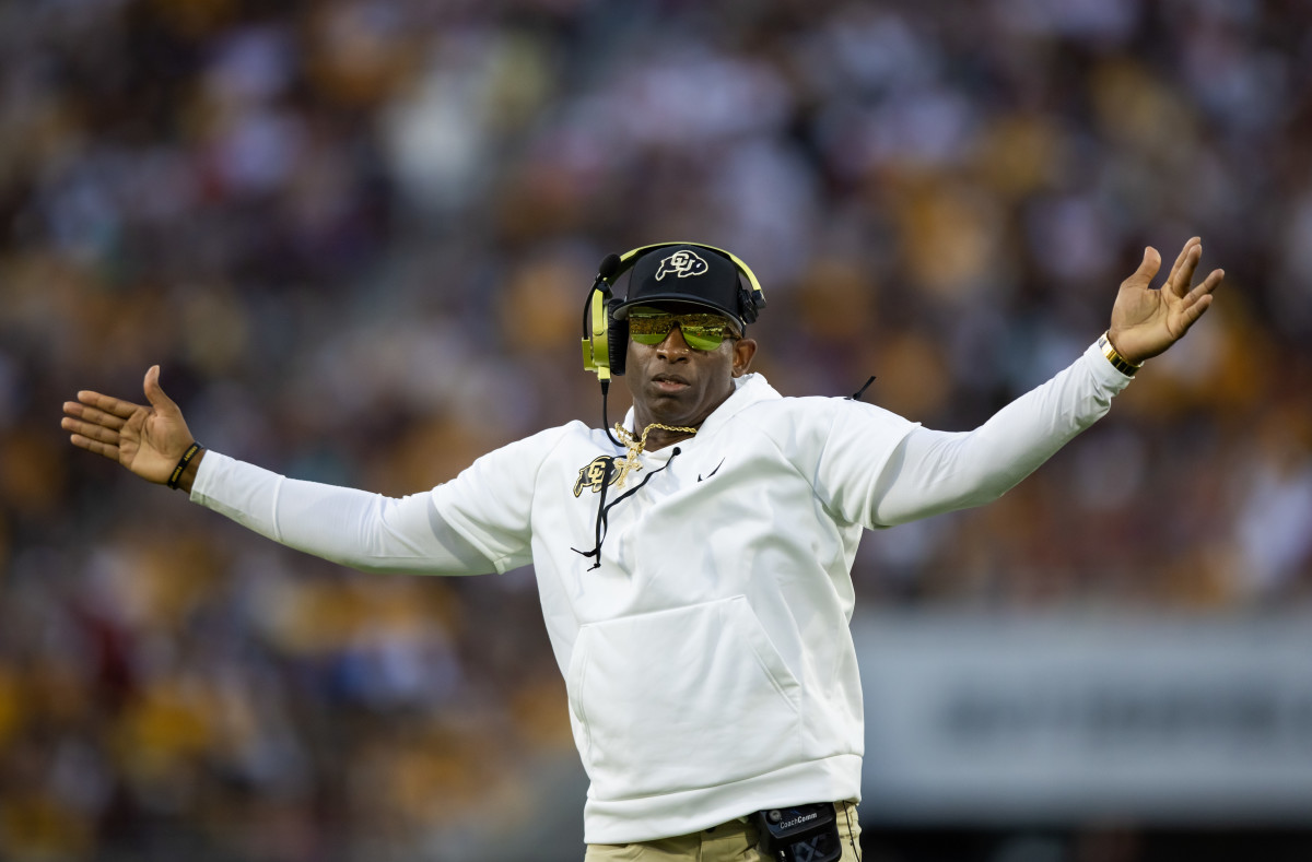 Oct 7, 2023; Tempe, Arizona, USA; Colorado Buffaloes head coach Deion Sanders reacts against the Arizona State Sun Devils in the second half at Mountain America Stadium. Mandatory Credit: Mark J. Rebilas-USA TODAY Sports