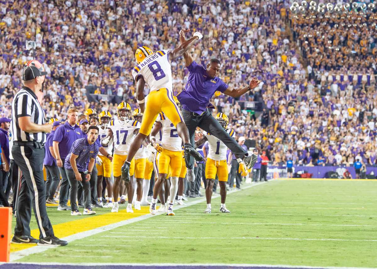 Malik Nabers 8 celebrates after touchdowns as the LSU Tigers take on the Arkansas Razorbacks at Tiger Stadium in Baton Rouge, Louisiana, Sept. 23, 2023.