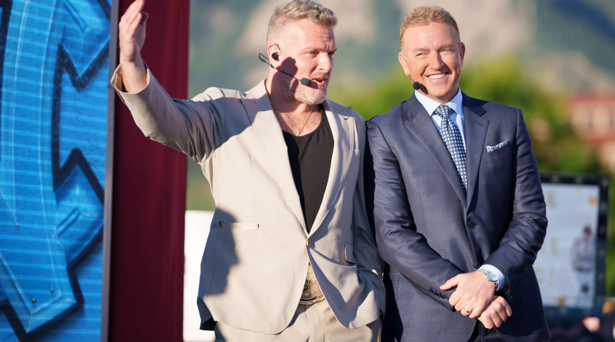 Sep 16, 2023; Boulder, Colorado, USA; GameDay analyst Kirk Herbstreit and Pat McAfee on the set of ESPN College GameDay prior to the game between the Colorado Buffaloes and the Colorado State Rams at Folsom Field. Mandatory Credit: Andrew Wevers-USA TODAY Sports  