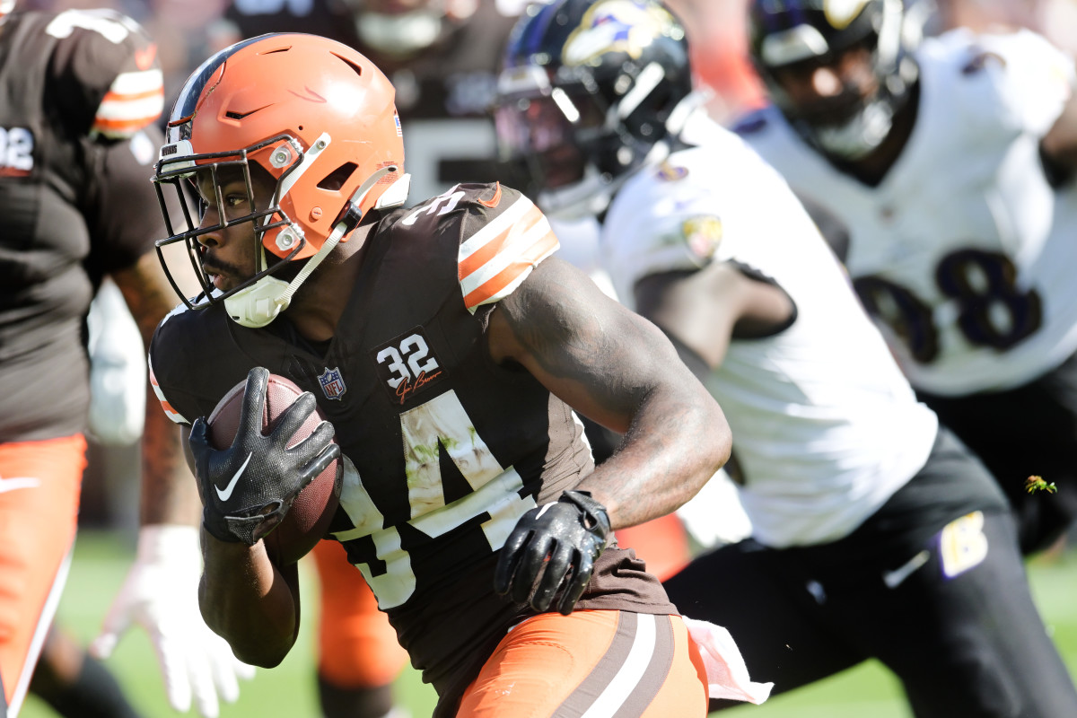 Oct 1, 2023; Cleveland, Ohio, USA; Cleveland Browns running back Jerome Ford (34) runs with the ball during the second half against the Baltimore Ravens at Cleveland Browns Stadium.