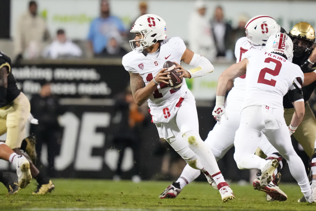 Oct 13, 2023; Boulder, Colorado, USA; Cardinal quarterback Ashton Daniels (14) during the second quarter against the against the Colorado Buffaloes at Folsom Field. Mandatory Credit: Ron Chenoy-USA TODAY Sports 