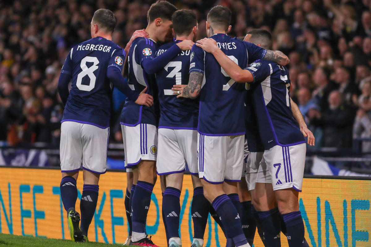 Scotland's players pictured celebrating a goal during a 2-0 win over Spain in March 2023