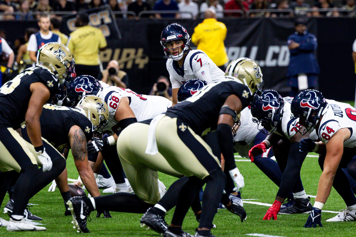 Texans quarterback C.J. Stroud (7) calls for the ball against the New Orleans Saints during the first half at the Caesars Superdome.