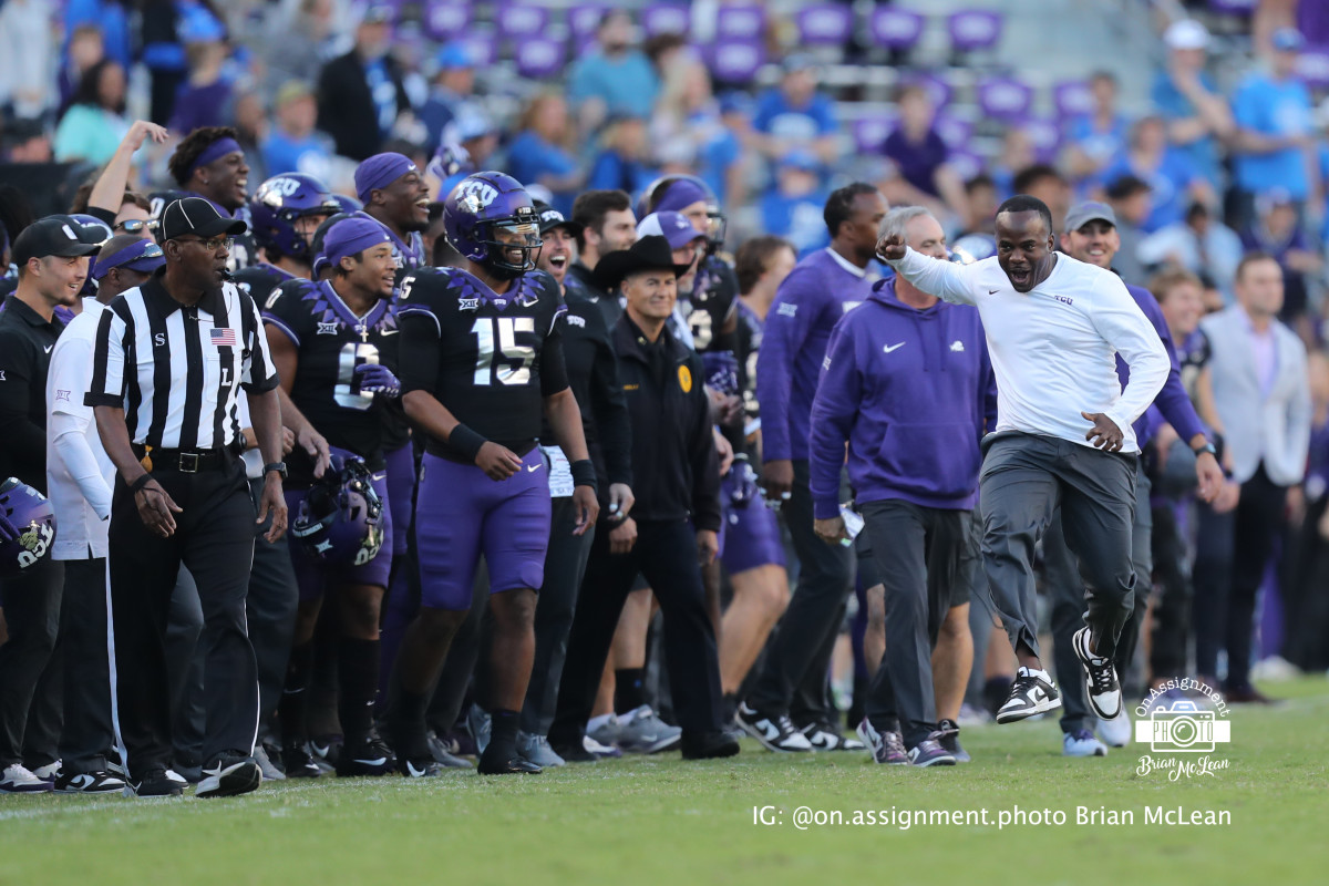 TCU sideline celebrating a 44-11 victory over BYU