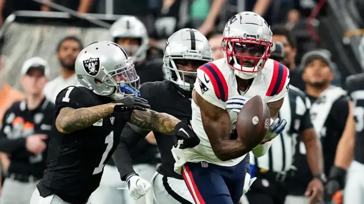 New England Patriots WR DeVante Parker attempts to secure a crucial fourth-quarter catch against the Las Vegas Raiders