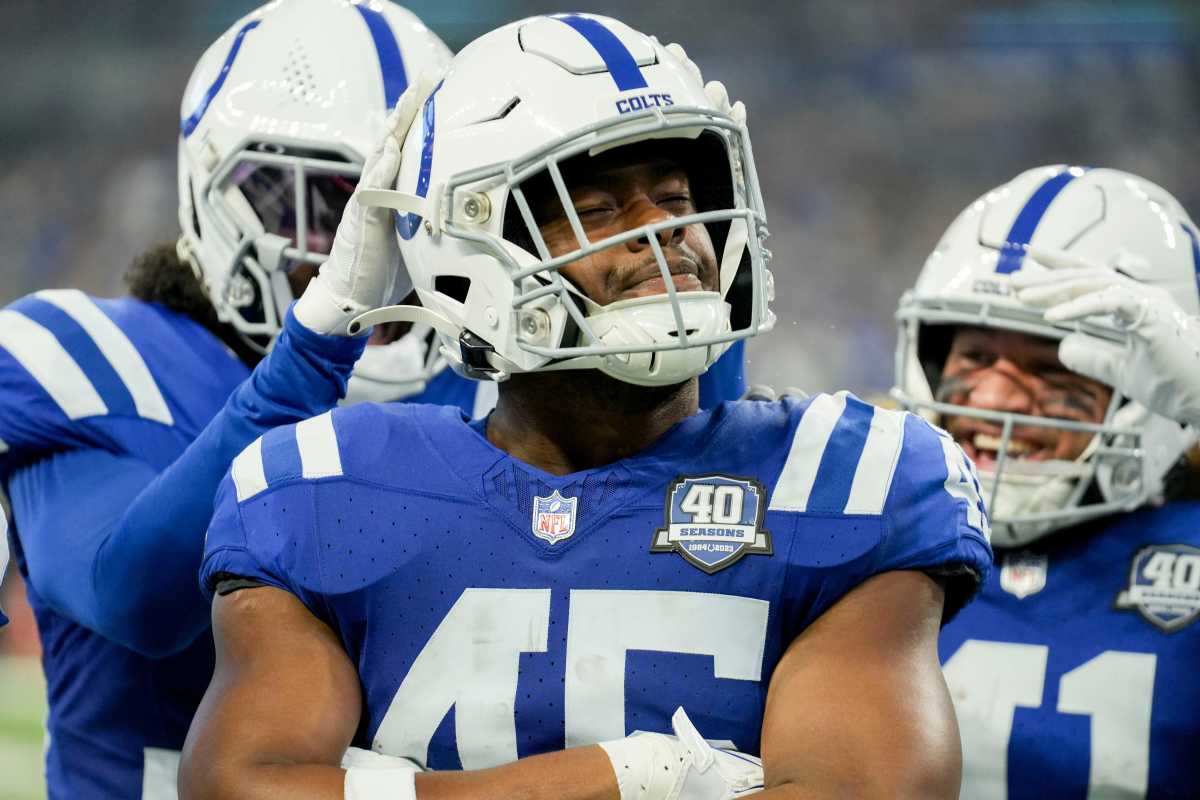 Indianapolis Colts linebacker E.J. Speed (45) strikes a pose Sunday, Sept. 10, 2023, during a game against the Jacksonville Jaguars at Lucas Oil Stadium in Indianapolis.