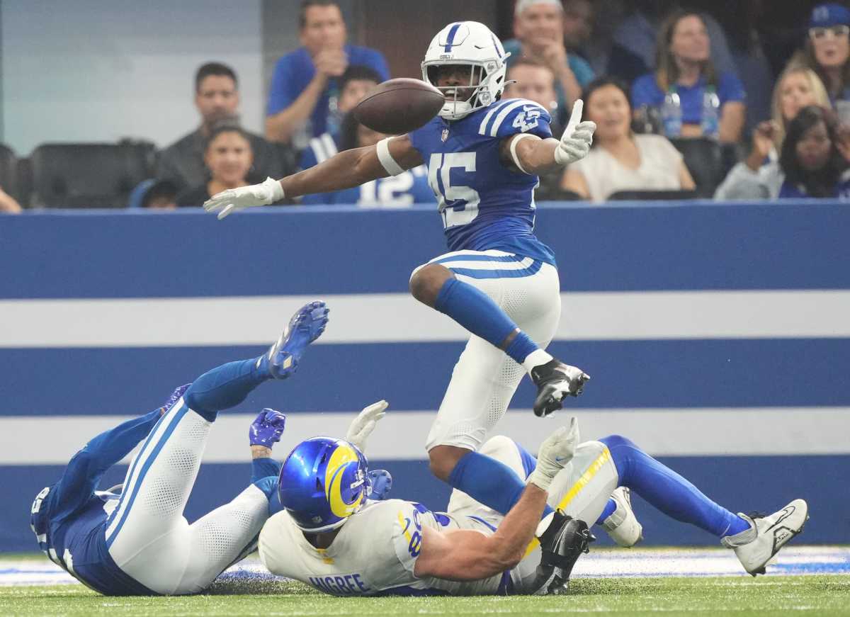 Indianapolis Colts linebacker E.J. Speed (45) looks at an incomplete pass intended for a Rams receiver, Los Angeles Rams at Indianapolis Colts, on Sunday, Oct. 1, 2023, at Lucas Oil Stadium in Indianapolis. Los Angeles won in overtime, 29-23.