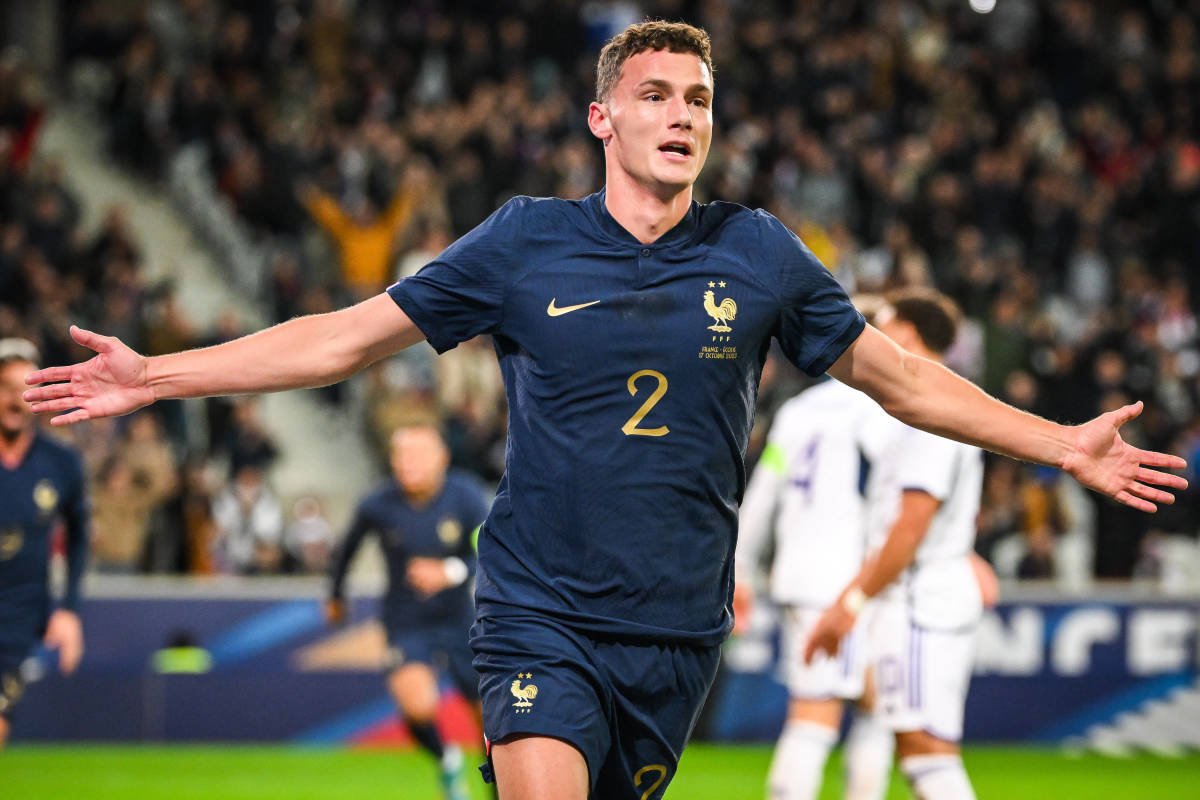 Benjamin Pavard pictured celebrating after scoring for France against Scotland in October 2023