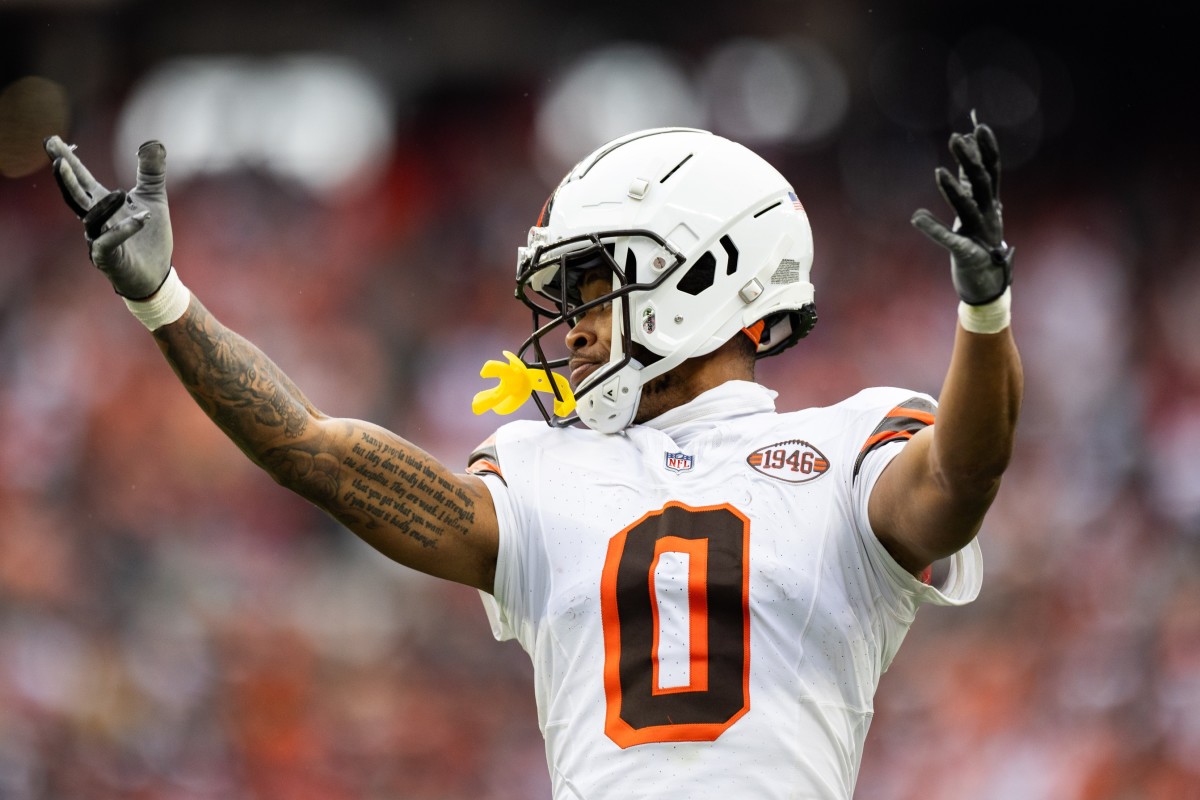 Oct 15, 2023; Cleveland, Ohio, USA; Cleveland Browns cornerback Greg Newsome II (0) signals to the crowd to make some noise during the third quarter against the San Francisco 49ers at Cleveland Browns Stadium. Mandatory Credit: Scott Galvin-USA TODAY Sports