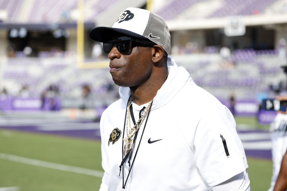 Colorado Buffaloes head coach Deion Sanders walks on the field before the game against the TCU Horned Frogs at Amon G. Carter Stadium