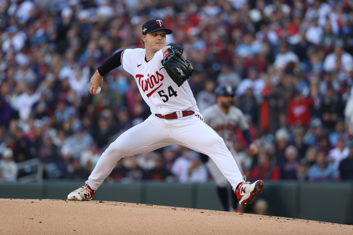 Oct 10, 2023; Minneapolis, Minnesota, USA; Minnesota Twins starting pitcher Sonny Gray (54) pitches in the first inning against the Houston Astros during game three of the ALDS for the 2023 MLB playoffs at Target Field.