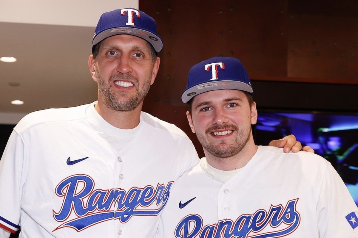 Dallas Mavericks royalty, Dirk Nowitzki and Luka Doncic, showing full support for the Texas Rangers.