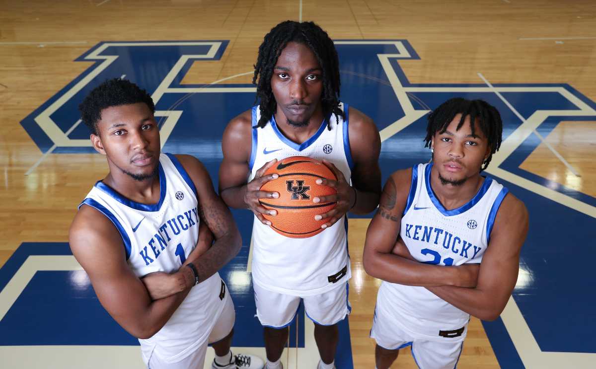 (L-R). UK freshmen Justin Edwards (1) Aaron Bradshaw (2) and D.J. Wagner (21) at their practice facility in Lexington, Ky. on Oct. 5 2023. They are all from Phladelphia.