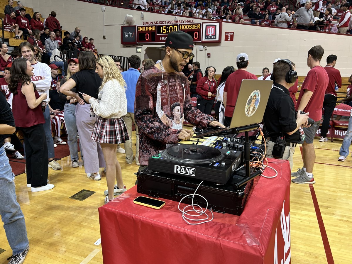 DJ Iman Tucker entertains the crowd at Hoosier Hysteria on Friday night. 