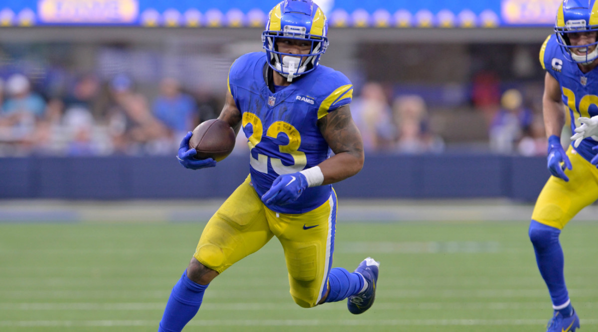 Oct 15, 2023; Inglewood, California, USA; Los Angeles Rams running back Kyren Williams (23) runs against the Arizona Cardinals during the second half at SoFi Stadium. Mandatory Credit: Alex Gallardo-USA TODAY Sports  