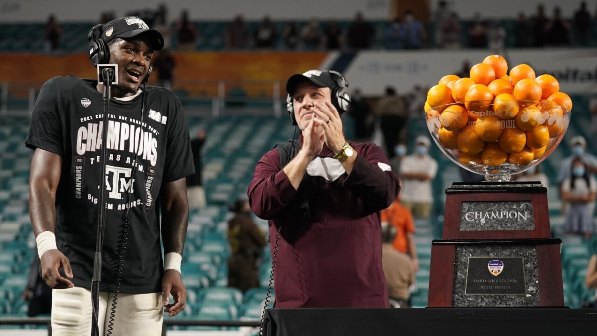 Aggies coach Jimbo Fisher after the Orange Bowl win in Jan. 2021