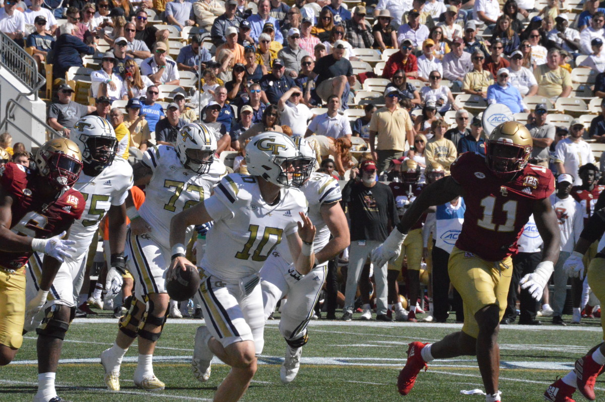 Georgia Tech quarterback Haynes King looks downfield vs Boston College