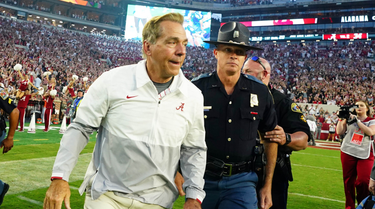 Alabama coach Nick Saban walks off the field following the win against Tennessee.