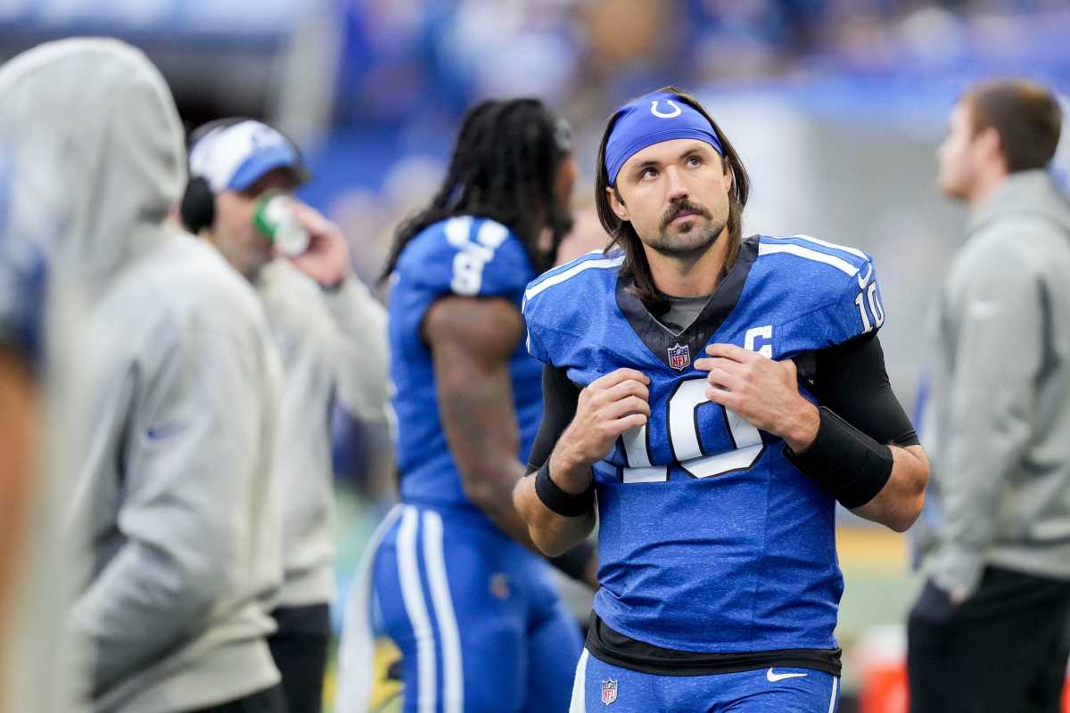 Indianapolis Colts quarterback Gardner Minshew II (10) walks the sideline Sunday, Oct. 22, 2023, during a game against the Cleveland Browns at Lucas Oil Stadium in Indianapolis.