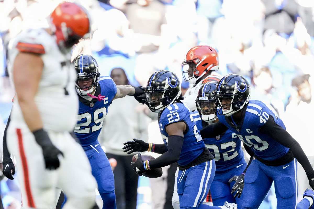 Oct 22, 2023; Indianapolis, Indiana, USA; Indianapolis Colts cornerback Kenny Moore II (23) reacts after making an interception during a game against the Cleveland Browns at Lucas Oil Stadium in Indianapolis.