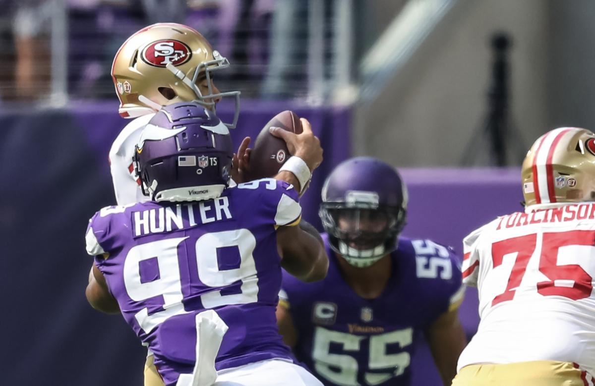 Sep 9, 2018; Minneapolis, MN, USA; Minnesota Vikings defensive end Danielle Hunter (99) sacks San Francisco 49ers quarterback Jimmy Garoppolo (10) during the third quarter at U.S. Bank Stadium.
