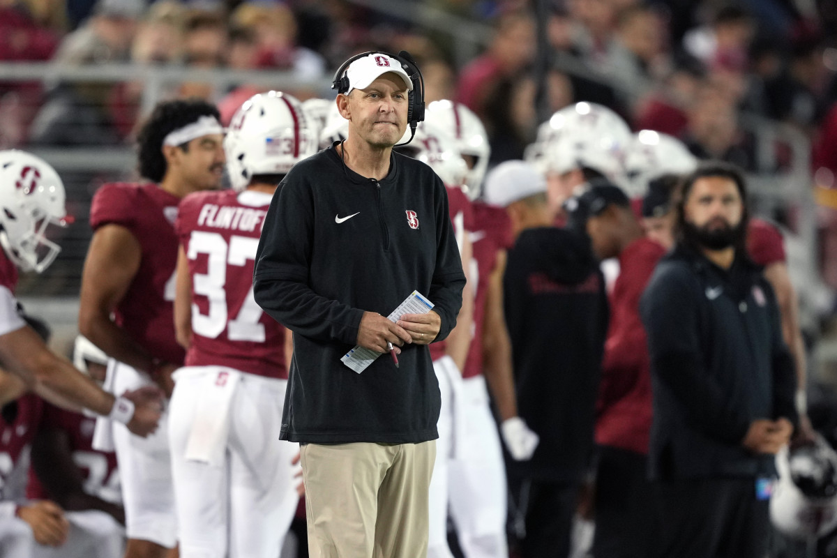 Oct 21, 2023; Stanford, California, USA; Stanford Cardinal head coach Troy Taylor stands on the sideline during the second quarter against the UCLA Bruins at Stanford Stadium. Mandatory Credit: Darren Yamashita-USA TODAY Sport