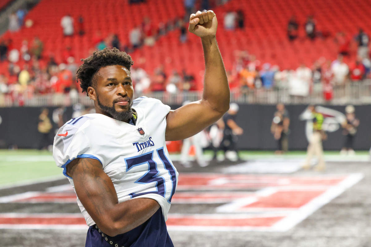 Tennessee Titans safety Kevin Byard (31) reacts to their win as he walks off of the field after their game against the Atlanta Falcons at Mercedes-Benz Stadium.