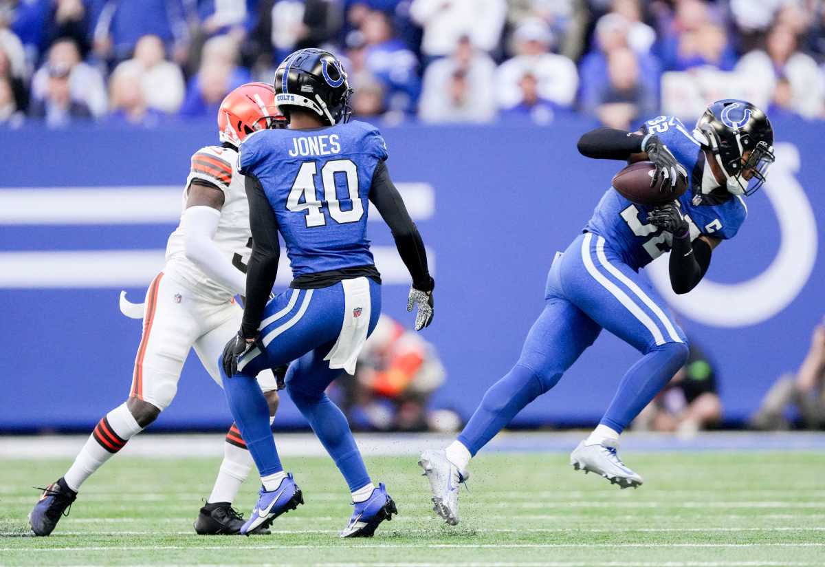 Indianapolis Colts safety Julian Blackmon (32) intercepts a pass Sunday, Oct. 22, 2023, during a game against the Cleveland Browns at Lucas Oil Stadium in Indianapolis.