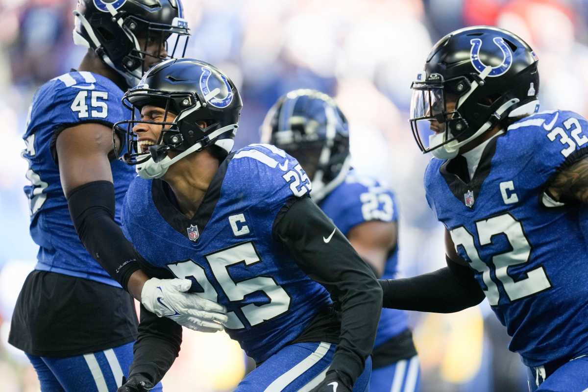 Indianapolis Colts safety Rodney Thomas II (25) reacts after an interception Sunday, Oct. 22, 2023, during a game against the Cleveland Browns at Lucas Oil Stadium in Indianapolis.