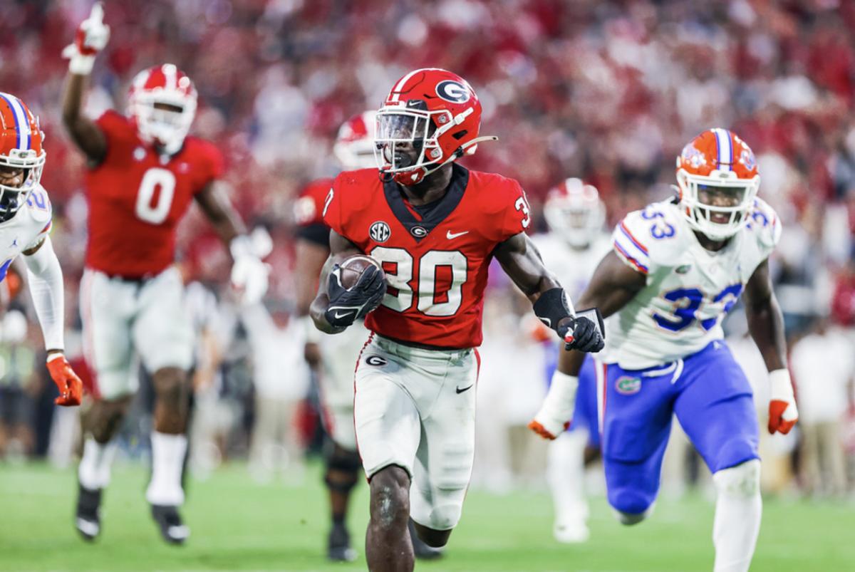 Georgia running back Daijun Edwards during Georgia’s game against Florida at TIAA Bank Field in Jacksonville, Fla., on Friday, 28, 2022. (Photo by Tony Walsh)