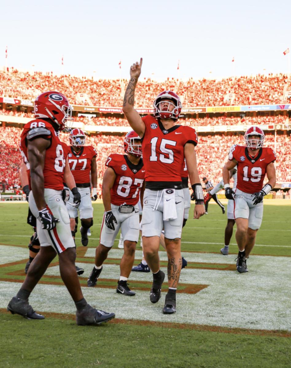 Georgia quarterback Carson Beck (15) during Georgia’s game against UT Martin on Dooley Field at Sanford Stadium in Athens, Ga., on Saturday, Sept. 2, 2023. (Tony Walsh/UGAAA)