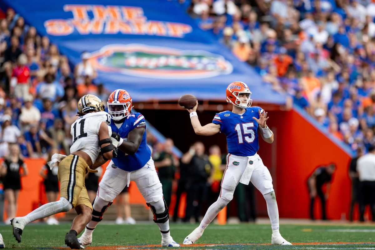 Florida Gators quarterback Graham Mertz (15) throws the ball during the second half against the Vanderbilt Commodores at Steve Spurrier Field at Ben Hill Griffin Stadium in Gainesville, FL on Saturday, October 7, 2023. [Matt Pendleton/Gainesville Sun]  