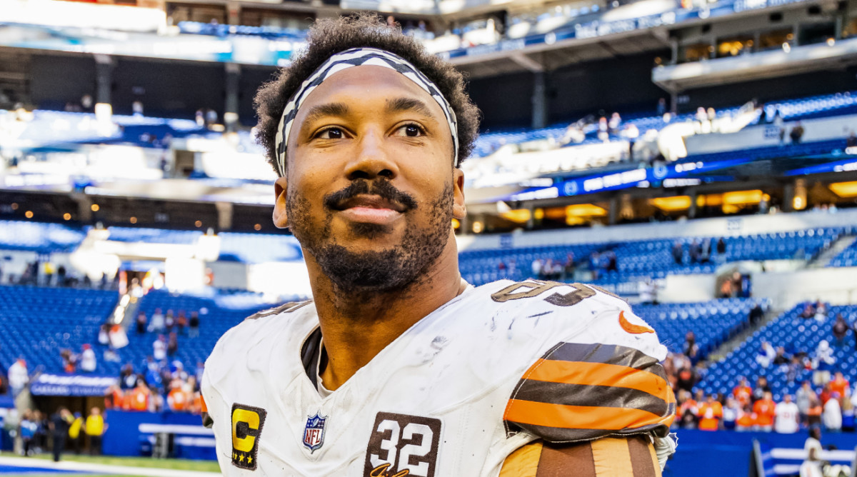 Browns defensive end Myles Garrett walks off the field following a win.