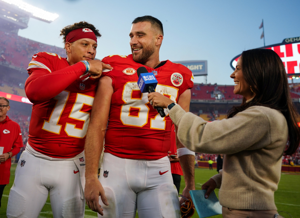 Kansas City Chiefs quarterback Patrick Mahomes and tight end Travis Kelce talk with reporter Tracy Wolfson after defeating the Los Angeles Chargers at Arrowhead Stadium.