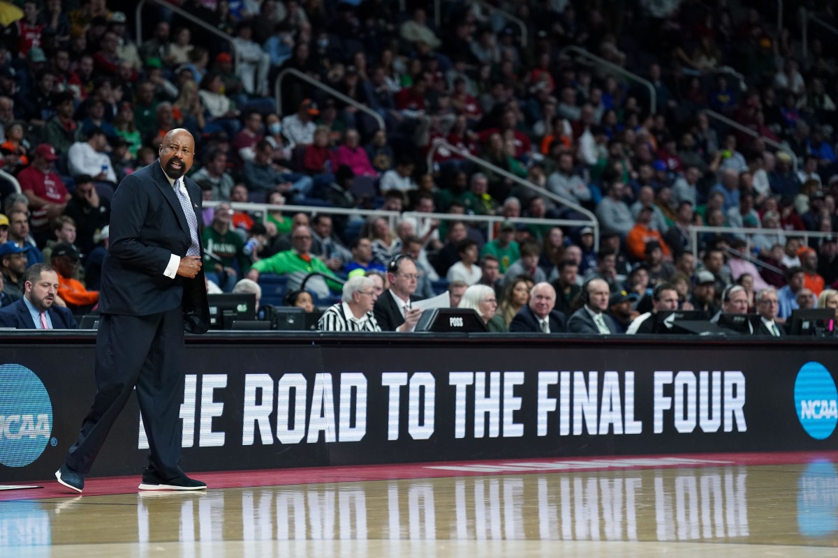 Indiana Hoosiers head coach Mike Woodson reacts in the first half against the Kent State Golden Flashes at MVP Arena.