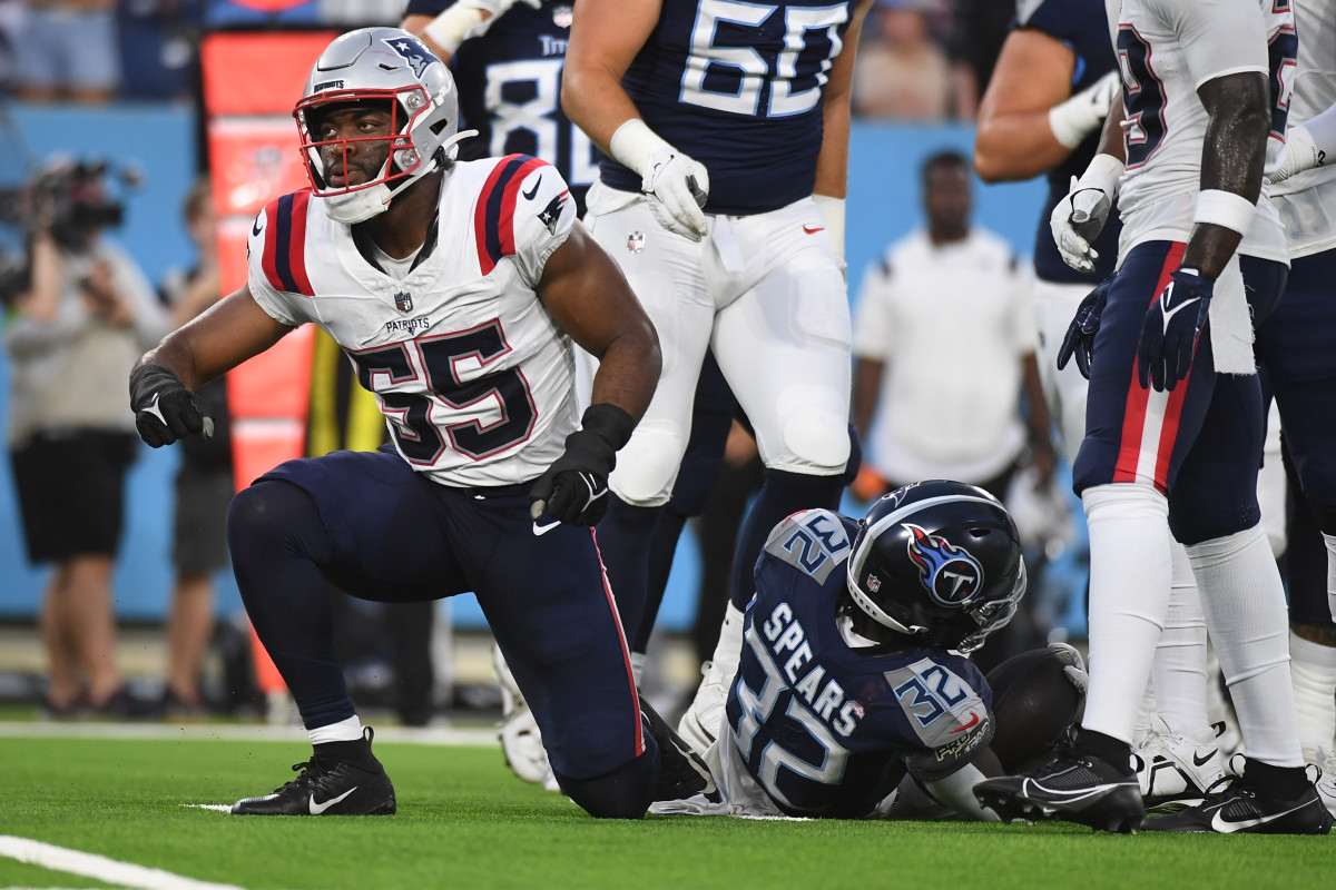 Aug 25, 2023; Nashville, Tennessee, USA; New England Patriots linebacker Josh Uche (55) tackles Tennessee Titans running back Tyjae Spears (32) for a loss during the first half at Nissan Stadium.  