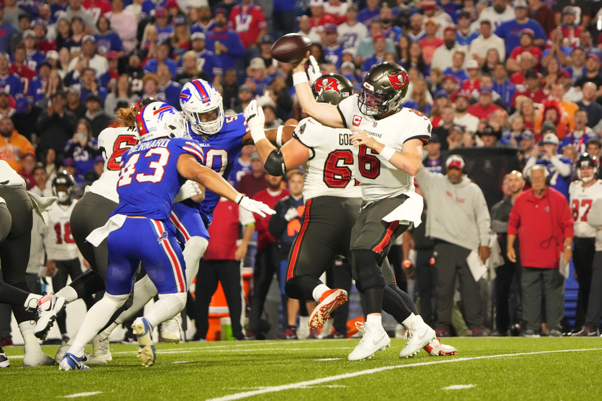 Oct 26, 2023; Orchard Park, New York, USA; Tampa Bay Buccaneers quarterback Baker Mayfield (6) throws the ball against Buffalo Bills linebacker Terrel Bernard (43) applying pressureduring the first half at Highmark Stadium. Mandatory Credit: Gregory Fisher-USA TODAY Sports