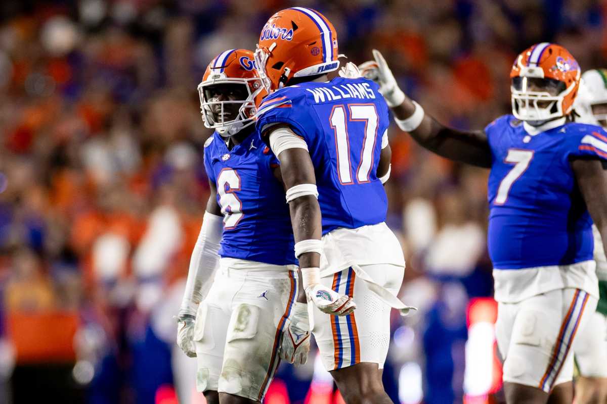 Florida Gators linebacker Shemar James (6) celebrates with Florida Gators linebacker Scooby Williams (17) after a sack during the first half against the Charlotte 49ers at Steve Spurrier Field at Ben Hill Griffin Stadium in Gainesville, FL on Saturday, September 23, 2023. [Matt Pendleton/Gainesville Sun]